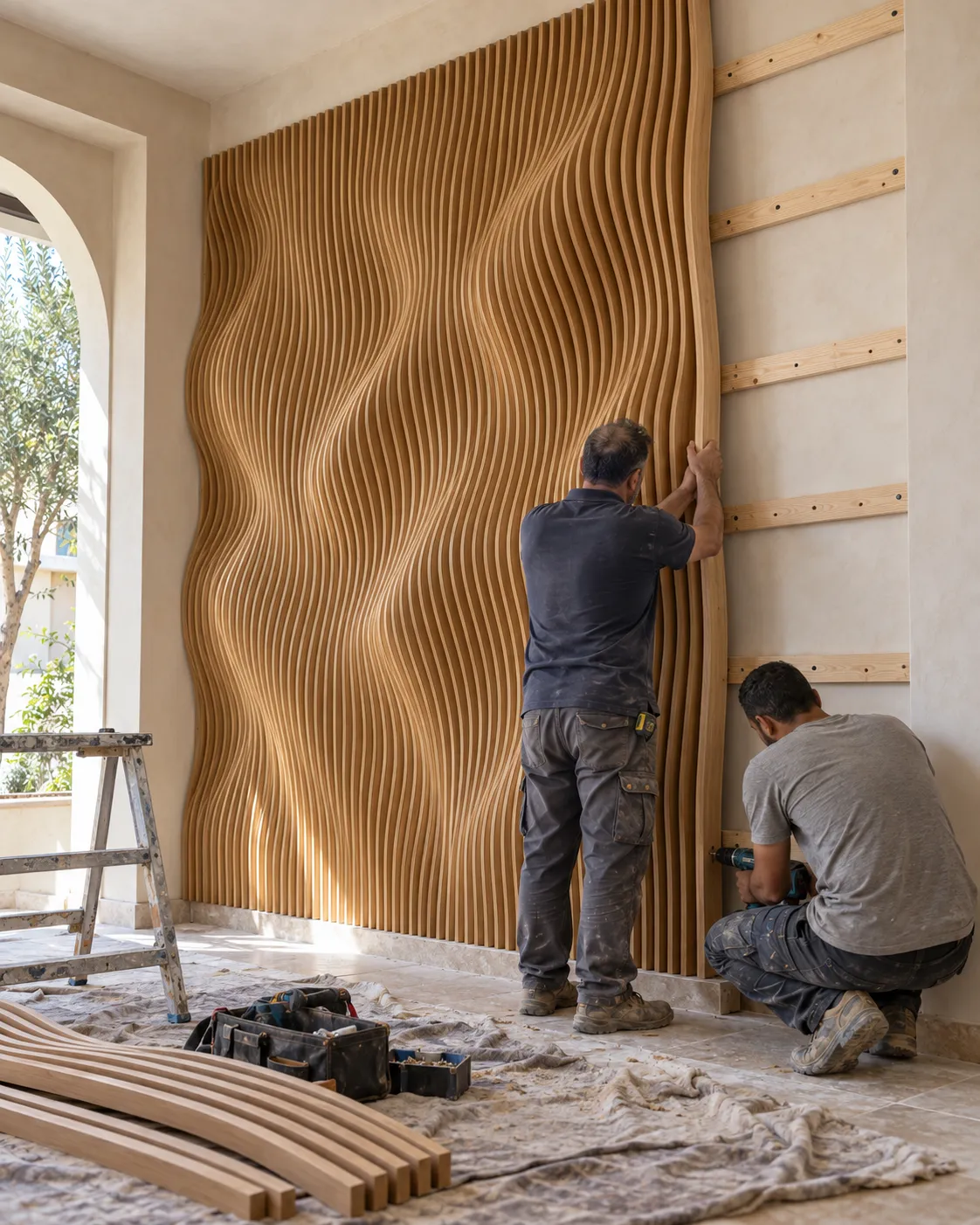 Deux poseurs fixent les dernières lamelles d'un mur-vague en bois du sol au plafond, des lamelles de réserve posées sur une bâche